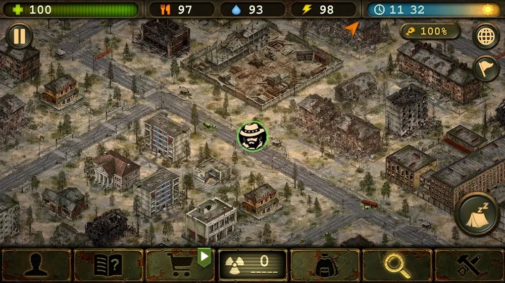 Day R Survival — isometric view of a ruined city with the player's status bars along the top