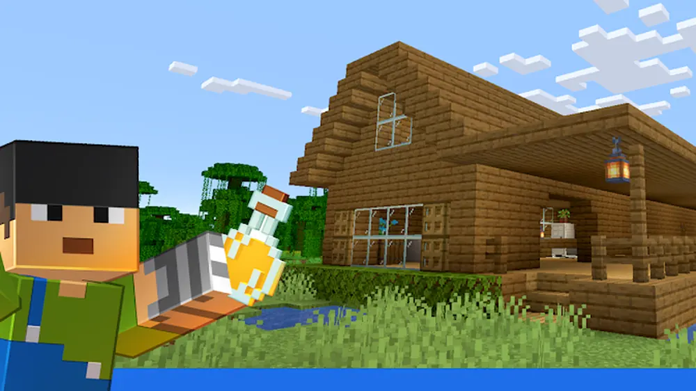 Minecraft — a player standing in front of a self-built wooden house