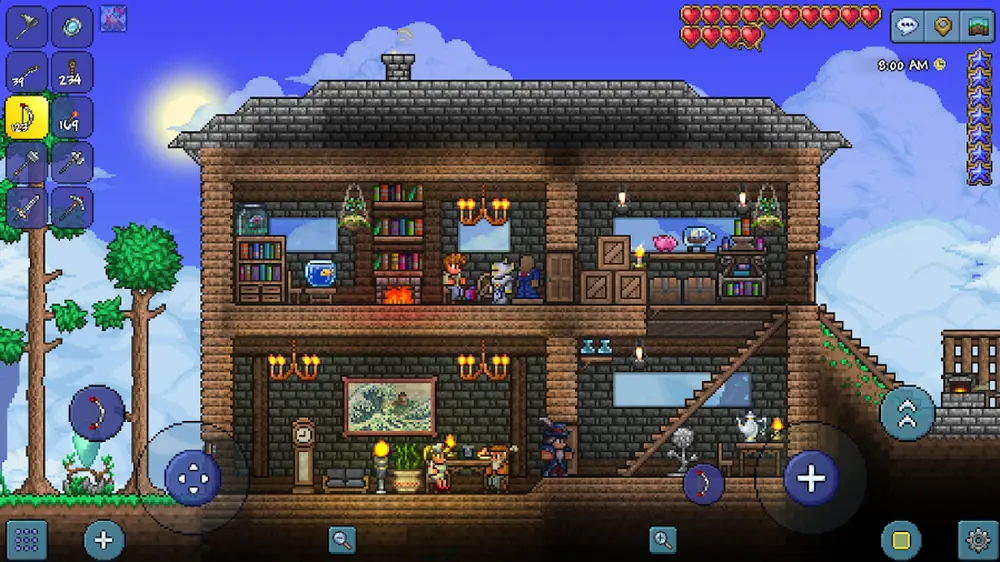 Terraria — a multi-room player-built house with furniture, seen in cross-section